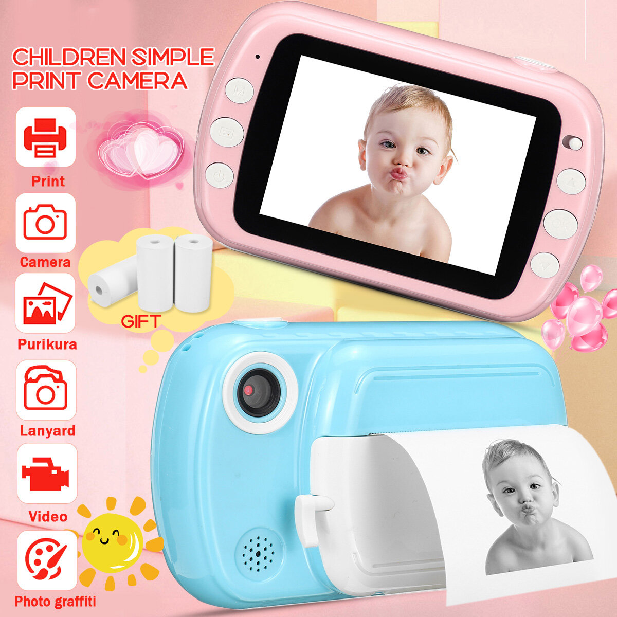 1200 mAh HD Digitale camera voor kinderen Videoprinter 3,5 inch Oogbescherming Scherm Direct afdrukk