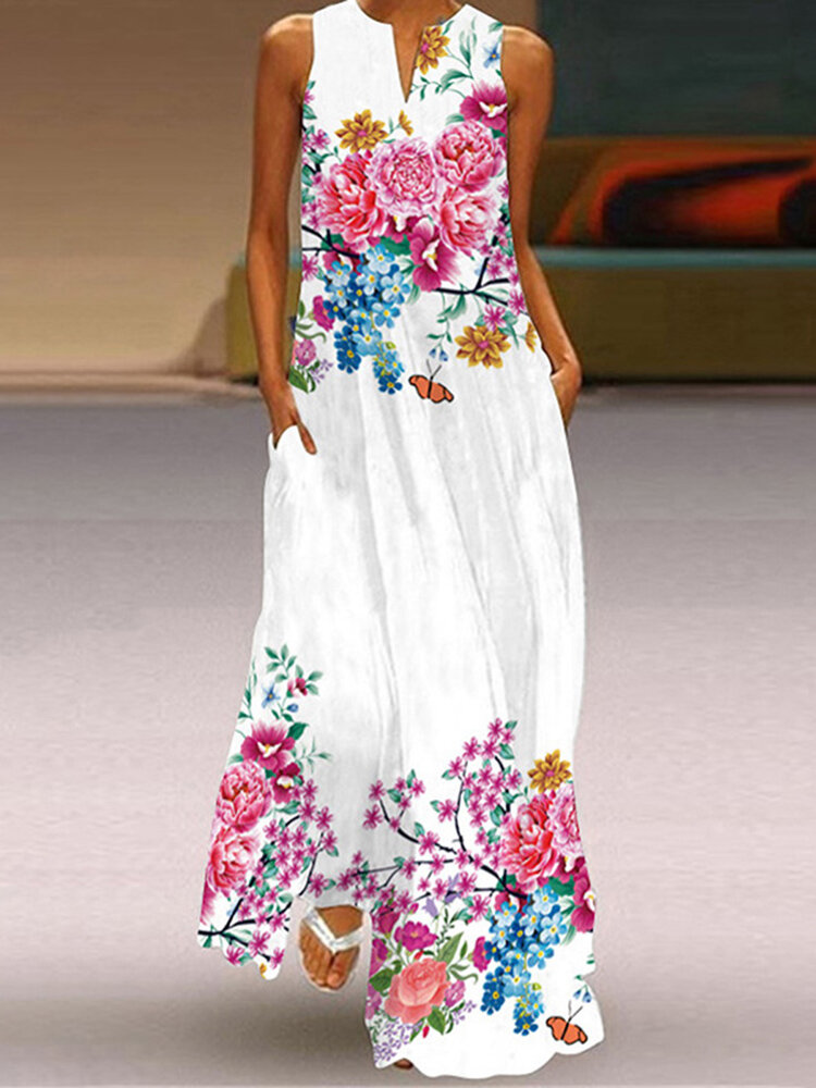 Mouwloze maxi-jurk met bloemenprint, zak met halve open kraag