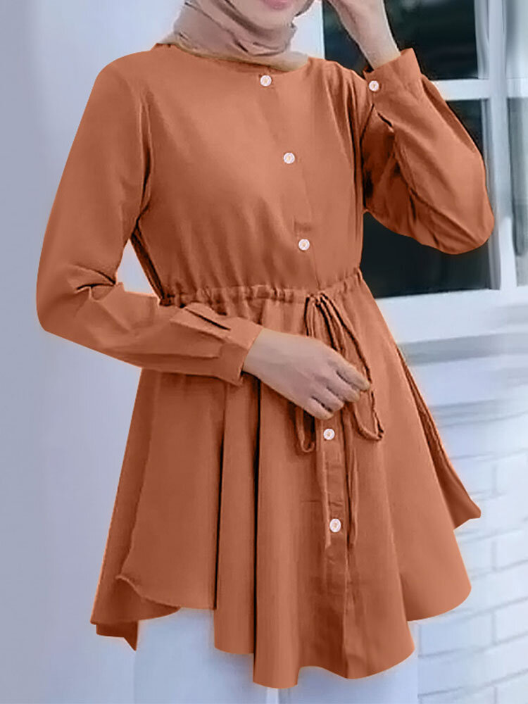 Solid Drawstring Waist Button Puff Long Sleeve Blouse