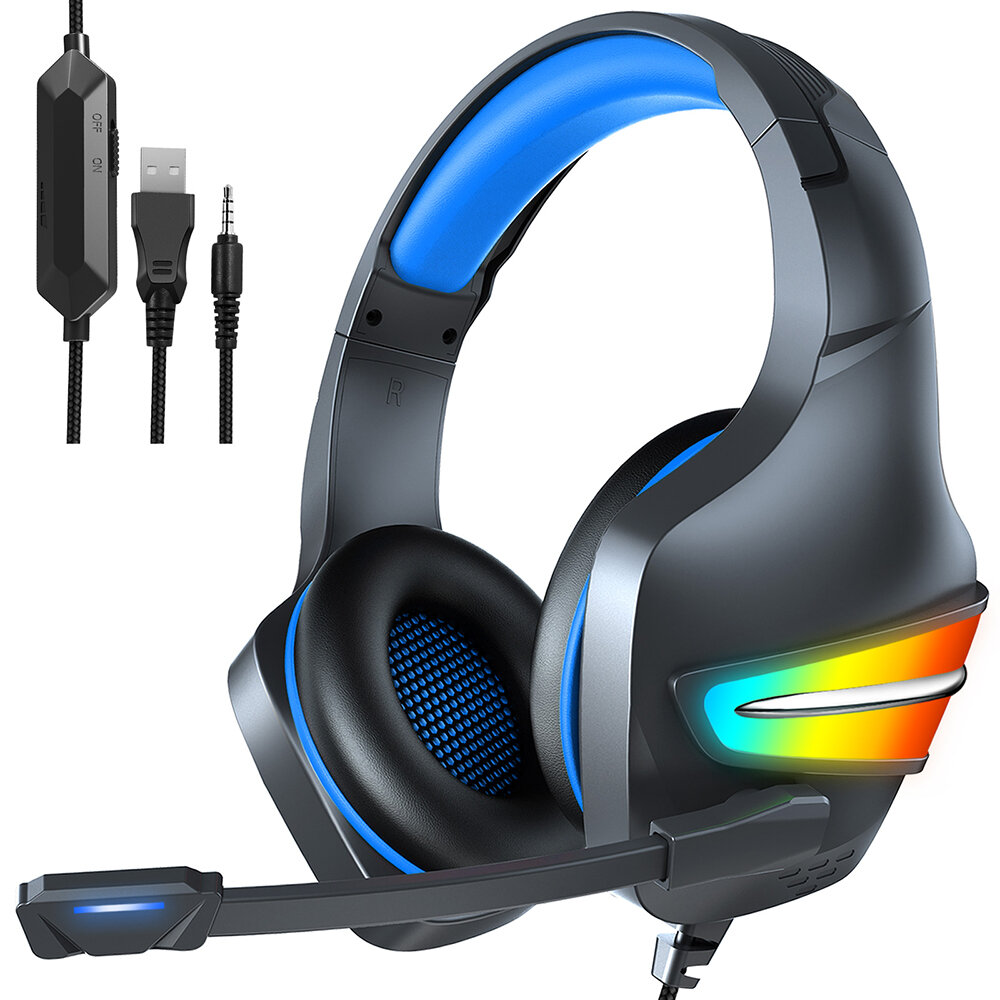 ERXUNG J6 Gaming Headset 50mm Driver Unit RGB Light Noise Reduction Mic 3.5mm USB Port for PS4 PC Xbox One Switch Smartp