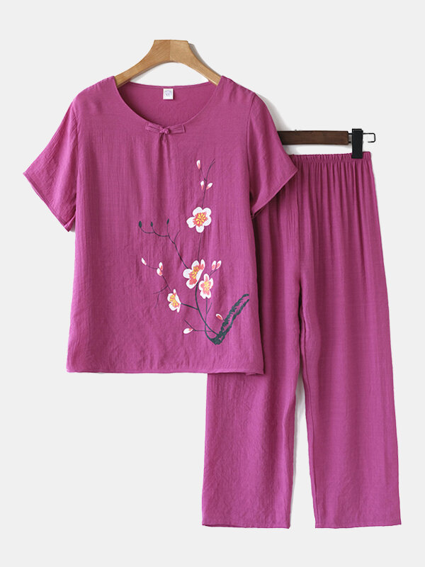 Women Plus Size Flowers Print Loungewear Set Breathable Mandarin Button Loose Pajamas