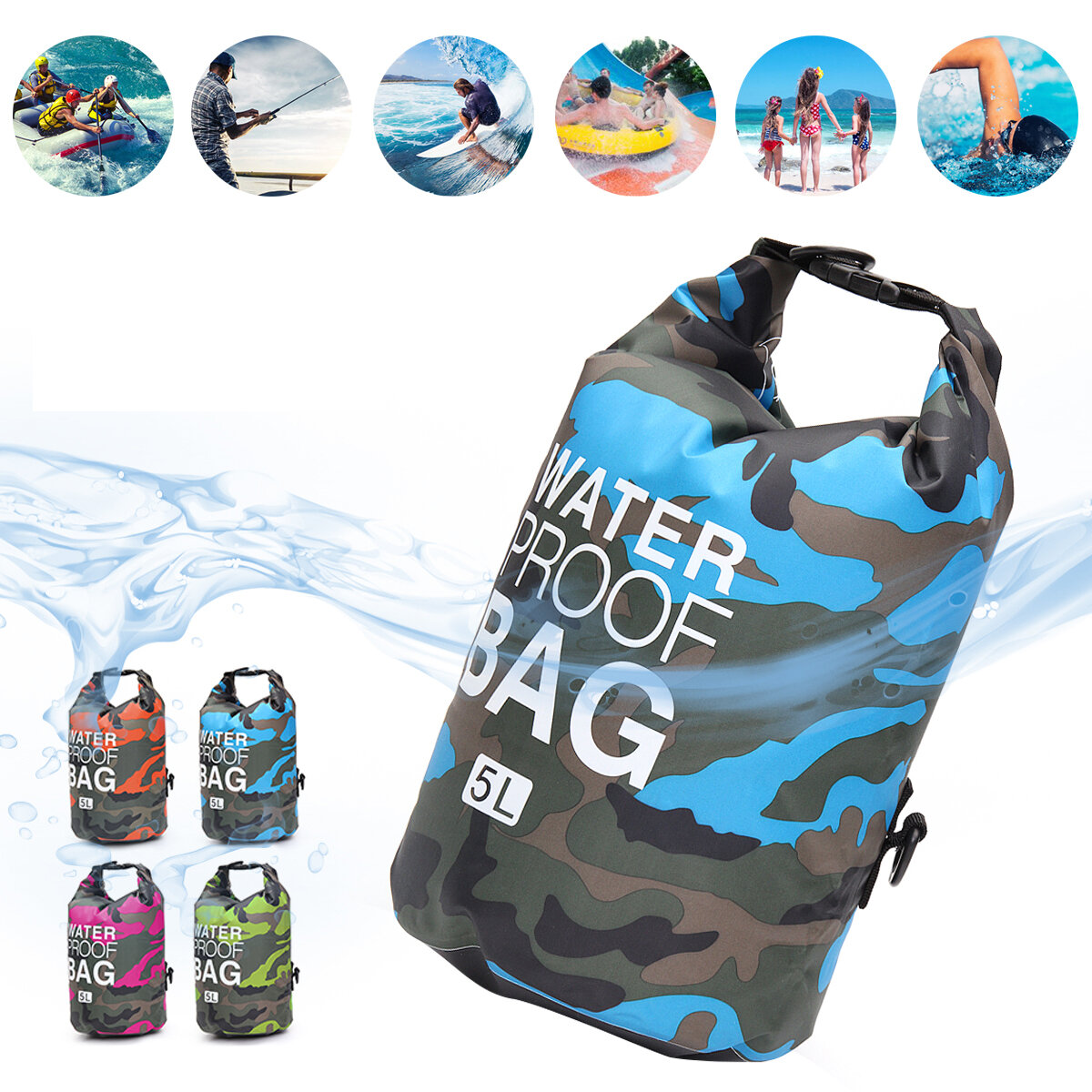 Bolsa impermeable de 5 litros para guardar objetos secos, bolsa plegable de compresión, bolsillo de poliéster para teléfono para kayak, natación, navegación, ciclismo