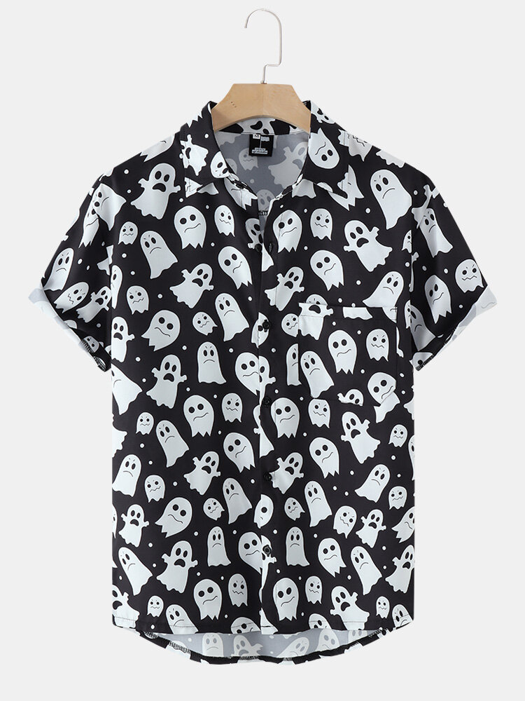 Men Halloween Allover Ghost Print Button Up Pocket Casual Shirts