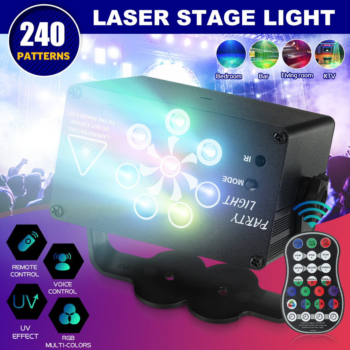 

Беспроводной 240 шаблонов Лазер Сценический свет RGB LED USB Проектор Party KTV DJ Disco Лампа Party Lights Voice + Дист