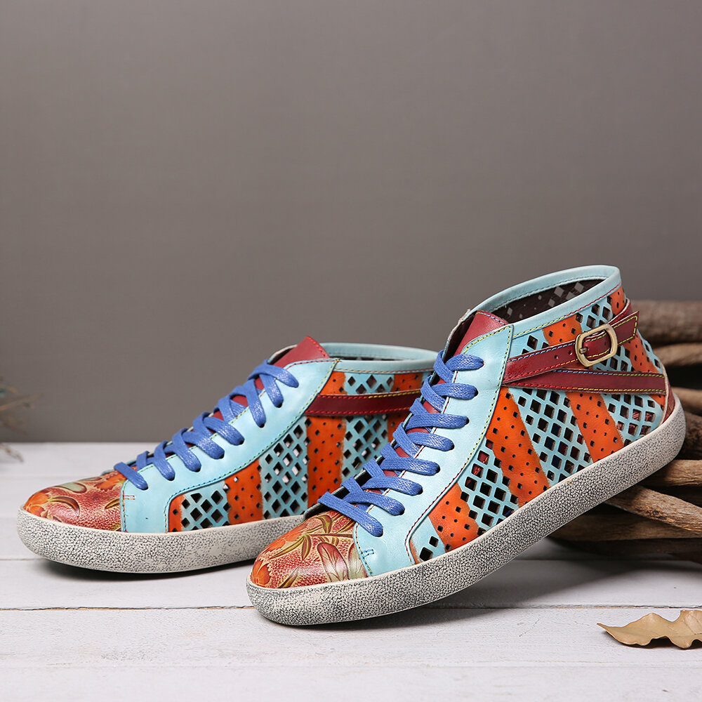 

SOCOFY Retro Leather Cutout Splicing Buckle Design Lace Up Casual Sneakers