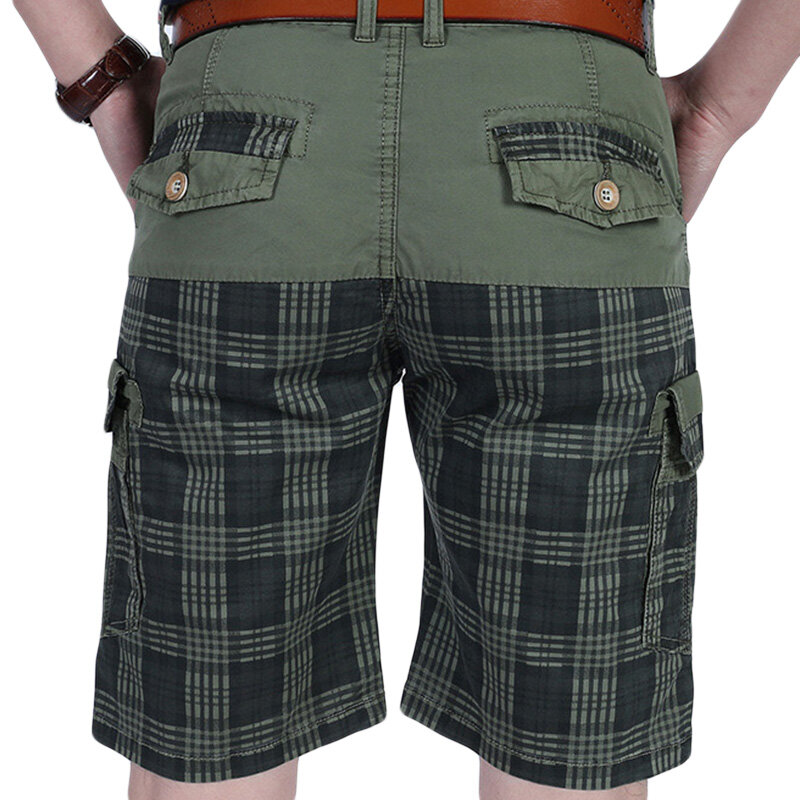 Summer men's casual cotton shorts fashion dark grid printing knee ...