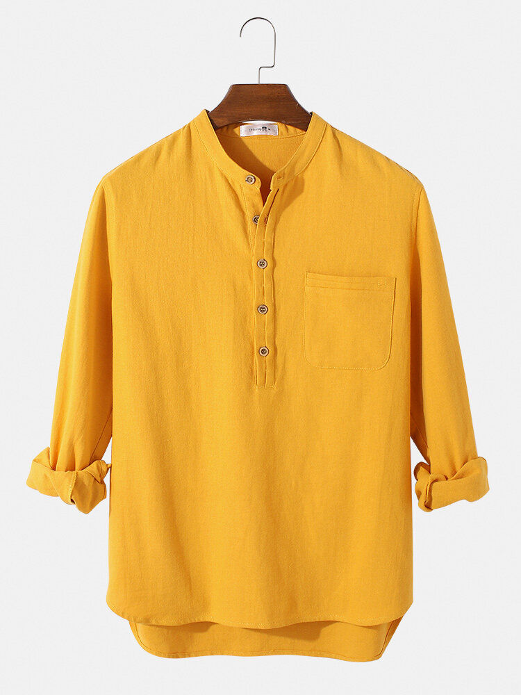 

Banggood Design Mens 100% Cotton Stand Collar Long Sleeve High Low Hem Henley Shirts