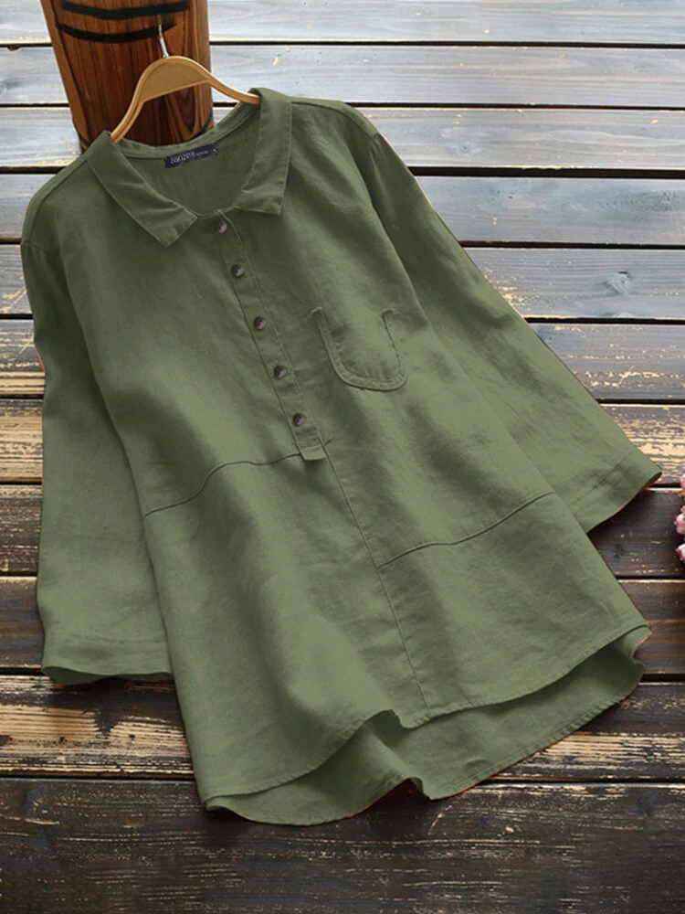Women Cotton Solid Color High Low Hem 3 4 Sleeve Button Casual Blouse