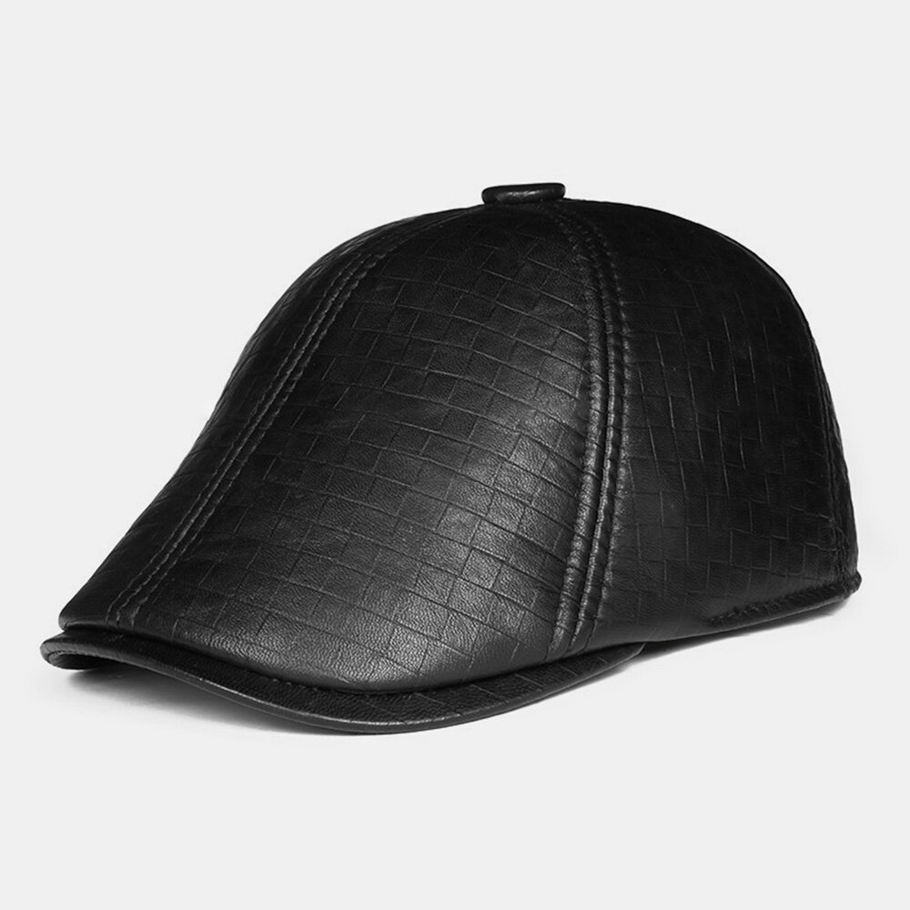 

Men Genuine Leather Dome Plaid Pattern Forward Cap Middle-aged Elderly Winter Ear Protection Earmuffs Cool Protection Wi