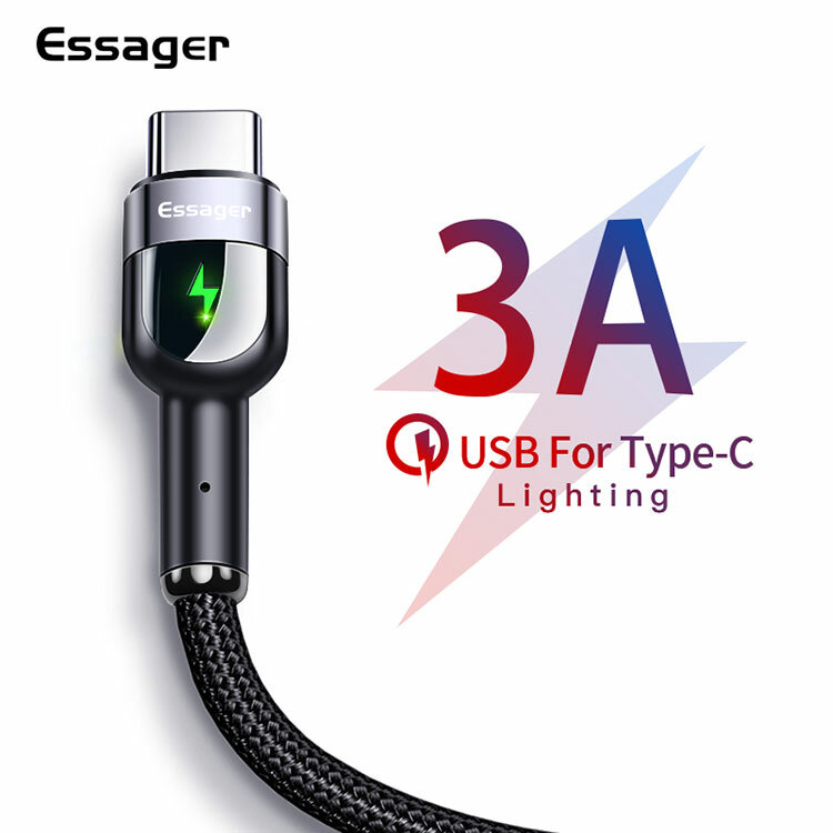 Essager LED USB Type C Cable 3A Fast Charging Data Cable for Samsung S20 Mi 10 POCO X3 NFC Huawei