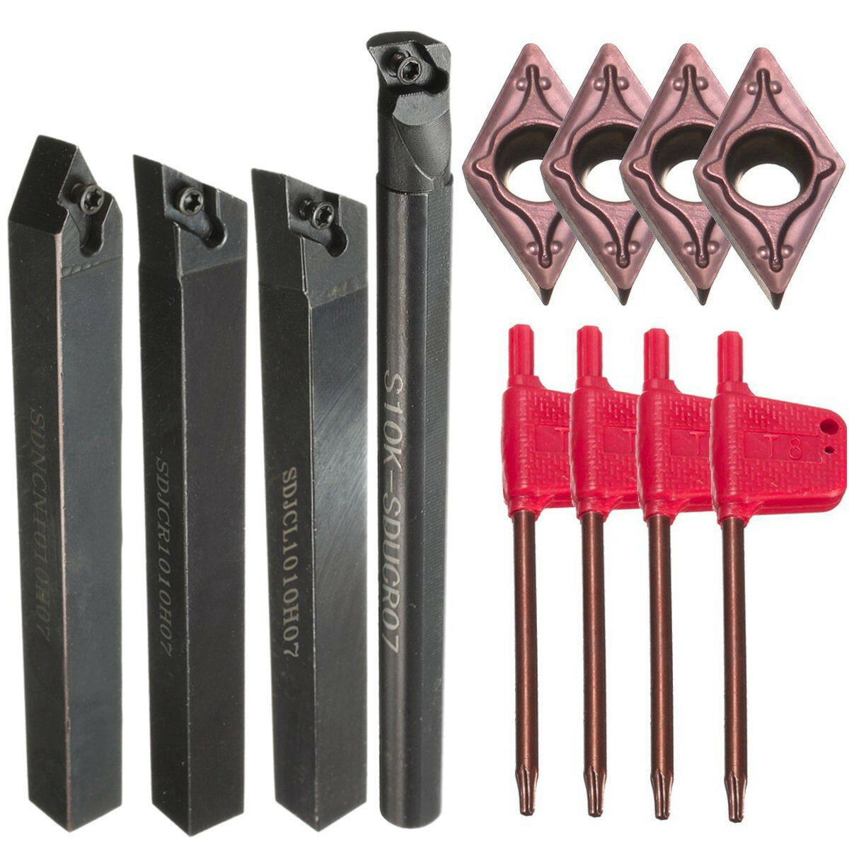 4pcs S10K-SDUCR07/SDJCR/SDJCL/SDNCN1010H07 Turning Tool Holder Set with 4pcs DCMT0702 Inserts