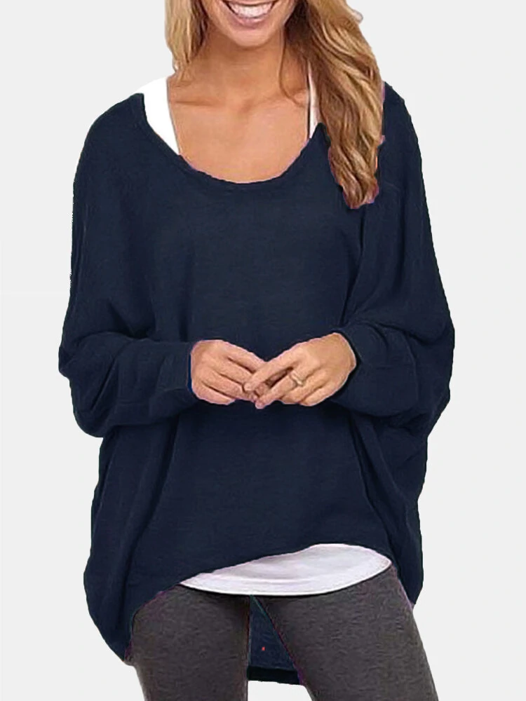 Women's Bat Sleeve Round Neck Loose Solid Color Pullover Plus Size Casual Shirt T shirt