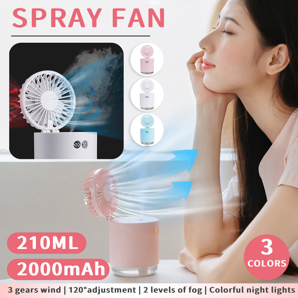 Multifunctional 2000mAh Mini USB Rechargeable Fan Cooler Desktop Spray Humidification with Colorful 