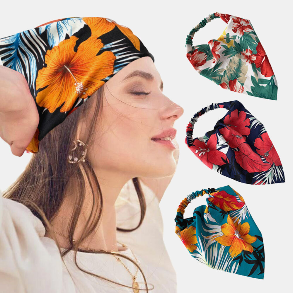 Women Chiffon Floral Pattern Wild Simple Triangle Scarf Wide Headband Headscarf Headwear