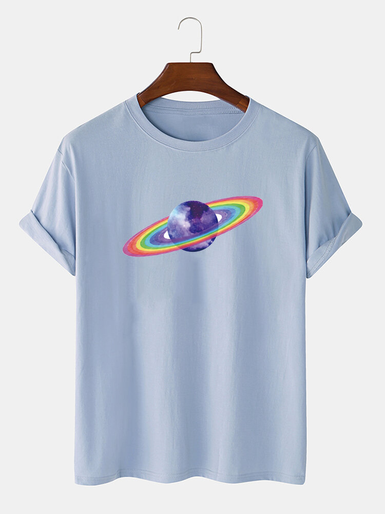 100 Cotton Mens Cartoon Rainbow Planet Print Breathablel T Shirts