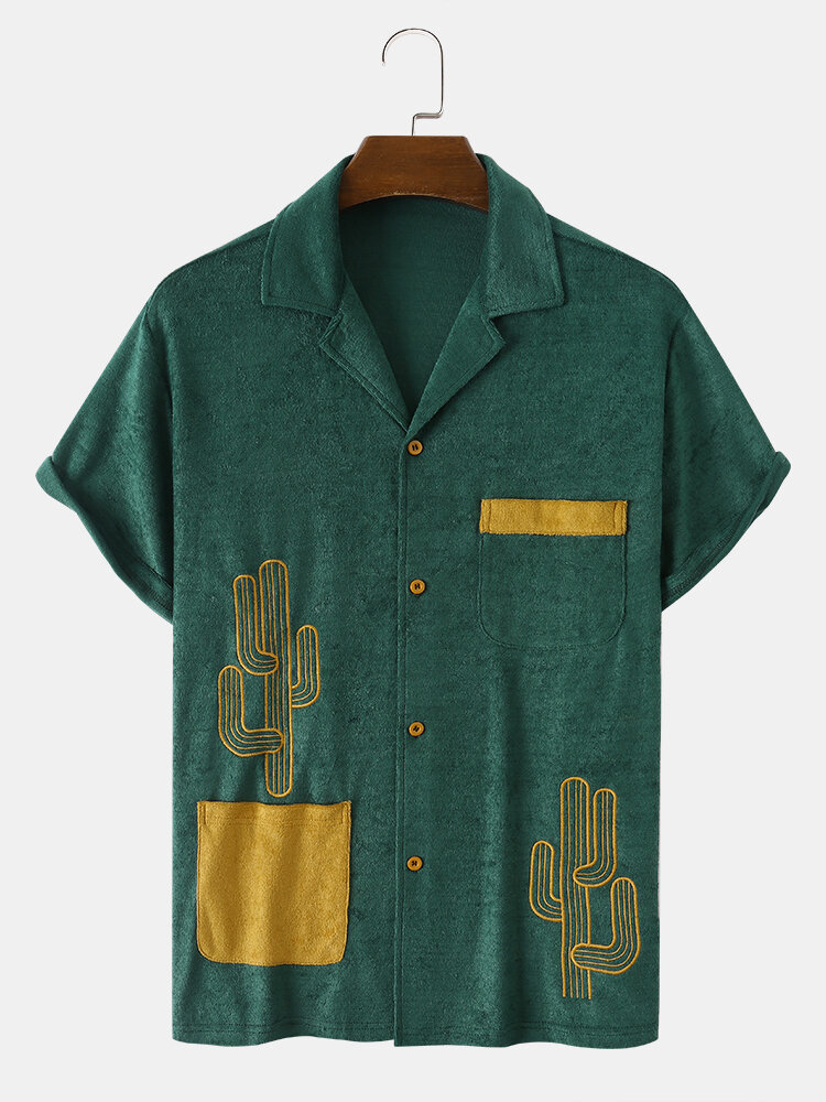 Men Cactus Embroidered Towel Texture Double Pockets Hit Color Comfy Shirts