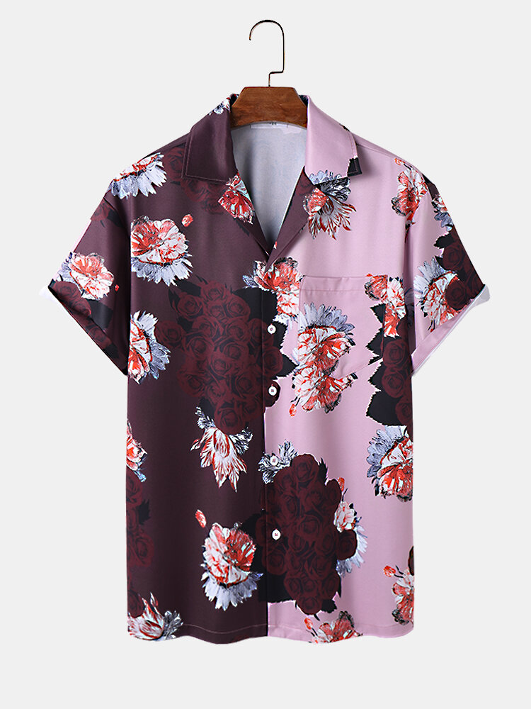 

Mens Two Tone Floral Print Revere Collar Short Sleeve Shirts