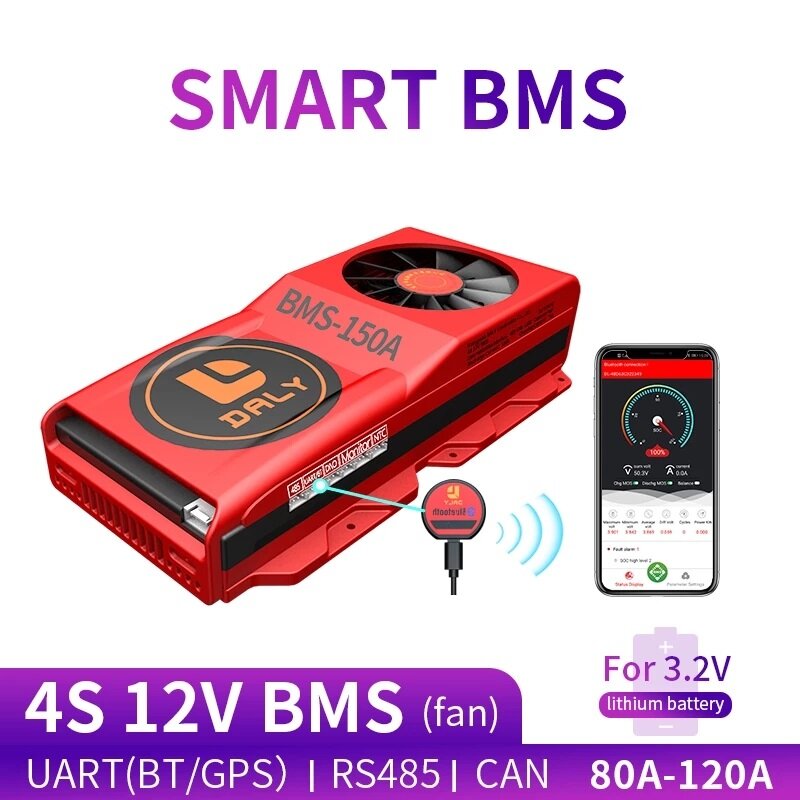 

DALY BMS 4S 12V 80A 100A 120A 3.2V 18650 LiFePO4 BMS with Bluetooth UART RS485 CAN NTC Function with Fan