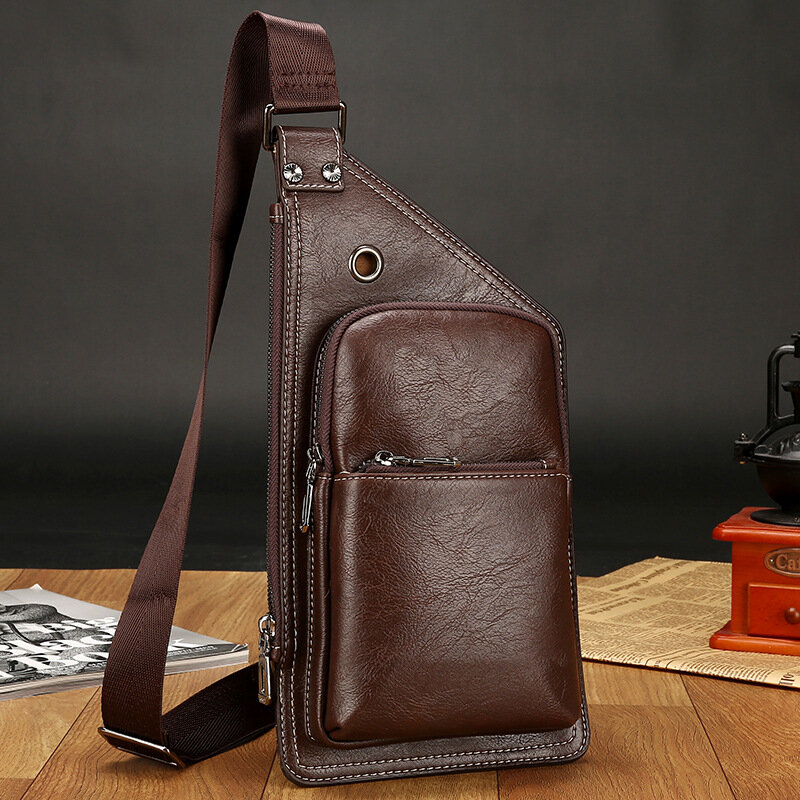 Men Retro PU Leather Headphone Hole Design Chest Bag Multi-pocket Waterproof Zipper Crossbody Bag Sh