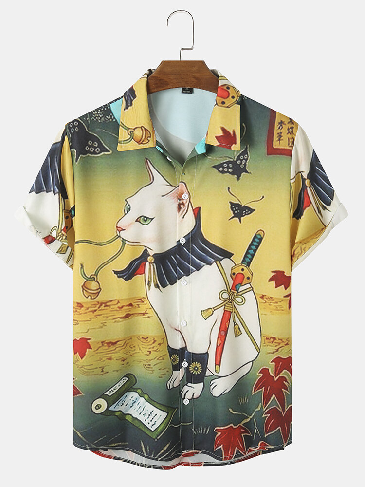 Heren Cute Cat Print Outdoor Reverskraag Shirts met korte mouwen