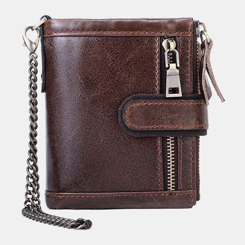 

Men Genuine Leather RFID Anti-theft Retro Zipper Cowhide Chain Multi-slot Card Holder Wallet