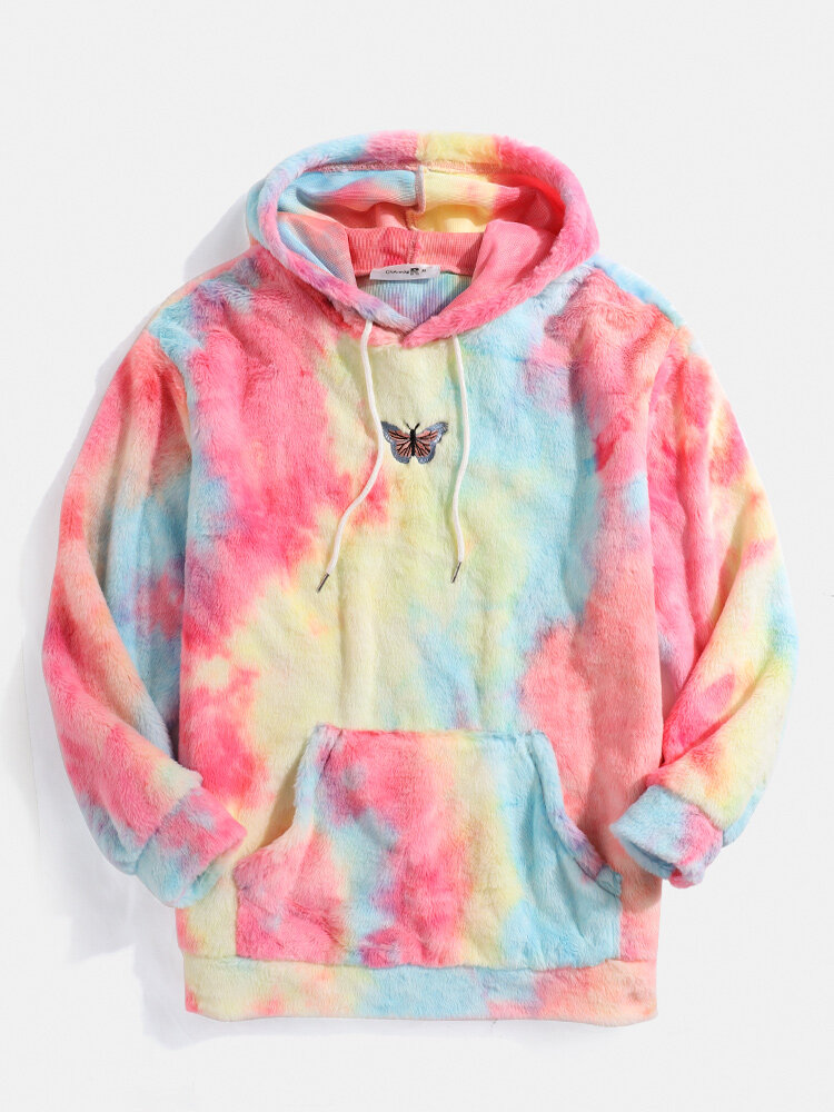 Butterfly Embroidered Tie Dye Pocket Long Sleeve Fluffy Hoodies