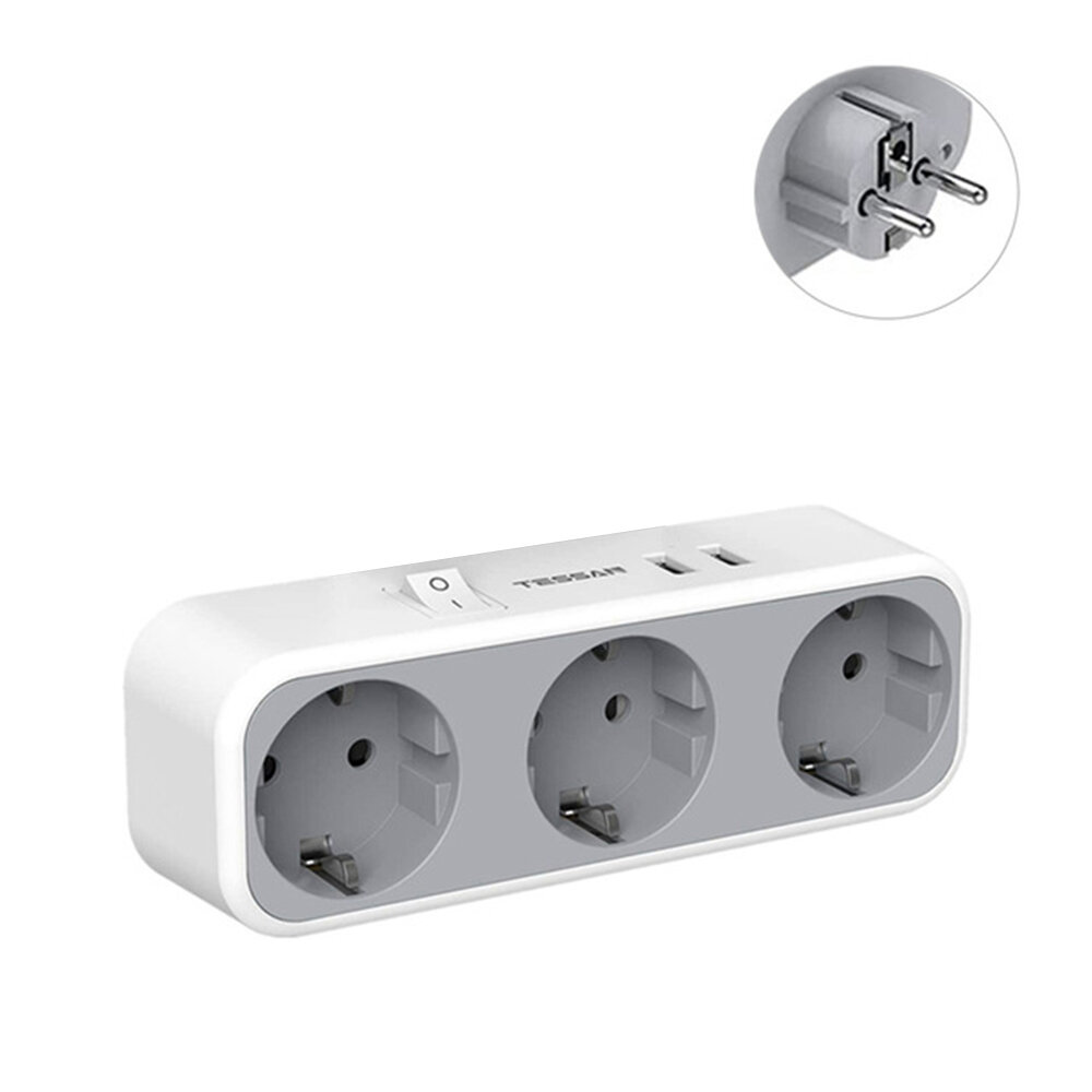 TESSAN TS-322-DE 2500W 5-in-1 EU Wall Socket Adapter with Switch/3 AC Outlets/2 USB Ports Multiple Sockets Compatible for Phone/Laptop/Camera