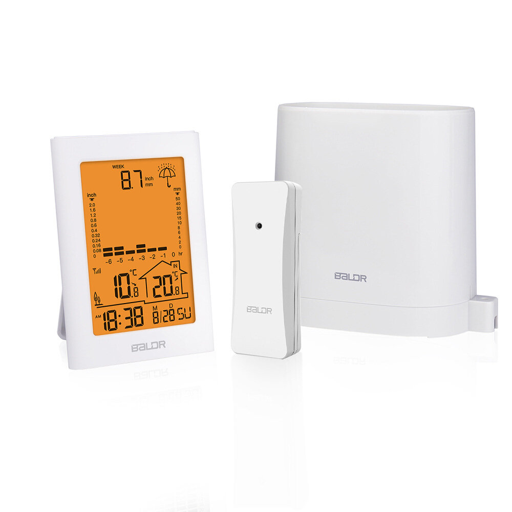 

BALDR Wireless Rain Meter Gauge Weather Station Alarm Clock Orange Warm Backlight indoor/outdoor Temperature Recorder wi