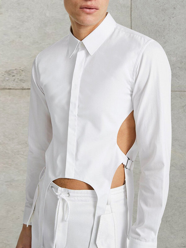 

Men Cutout Irregular Hem Long Sleeve Lapel Collar Shirt