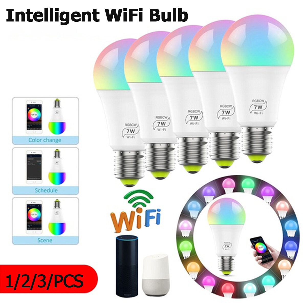 

1/2/3Pcs 7W E27 WiFi Smart Light Bulb Dimmable APP Voice Control LED Lighting Bulb Smartphone Control Multicolor Changin