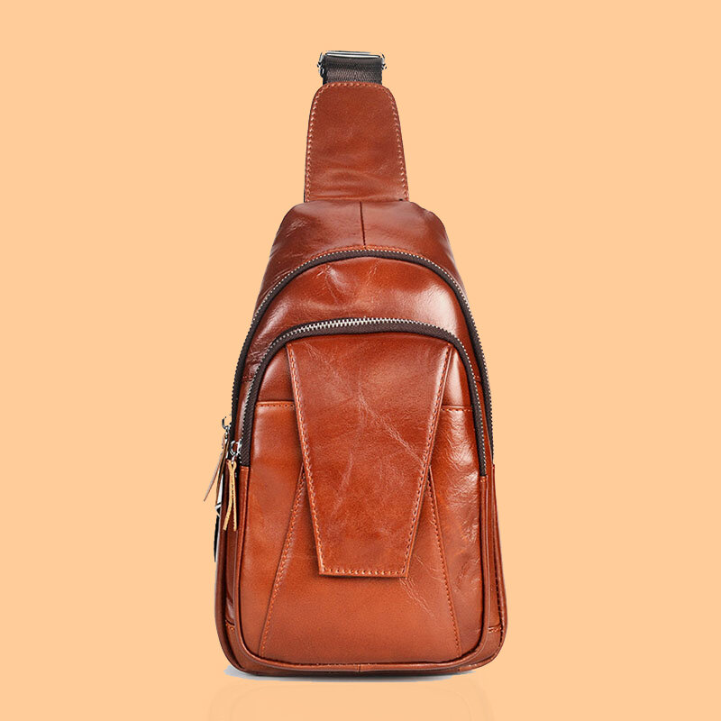 Men Genuine Leather Back Anti-theft Zipper Pocket Chest Bag Fashion Casual Wear-resistant Crossbody 