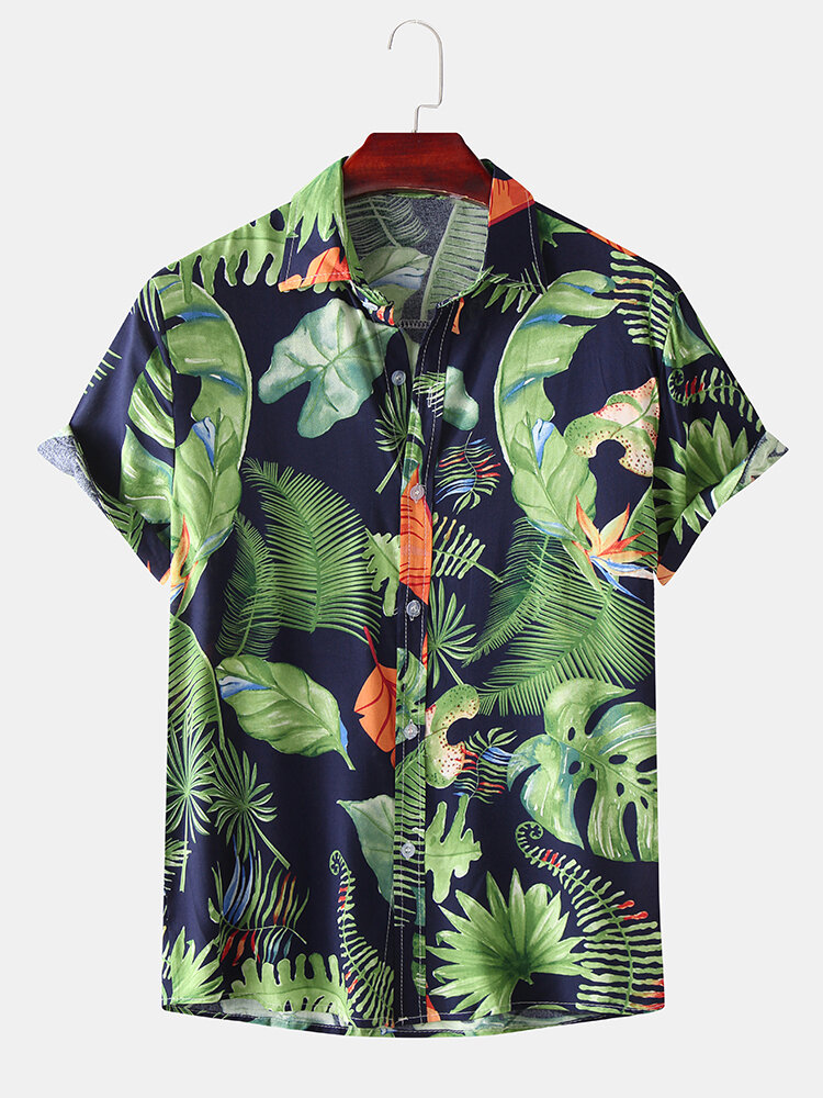 

Men Fashion Plant Leaves Print Turn Down Collar Hawaii Beach Short Sleeve Shirts