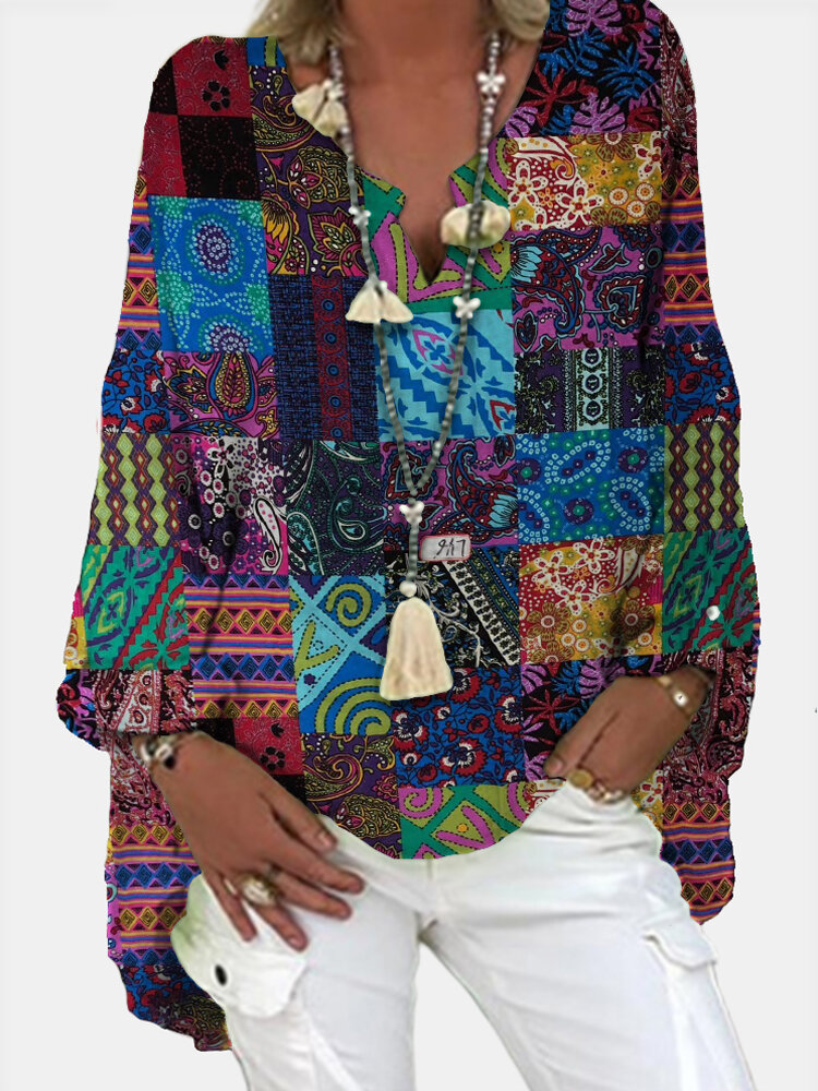 Vrouwen tribale print kleurblok V-hals etnische stijl blouses