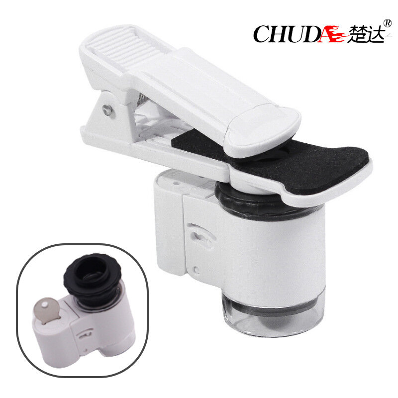 Imagen de Clip de microscopio para teléfono móvil ChuDa 9882AW, aumento de 45x con doble iluminación LED y luz UV, carcasa de ABS,
