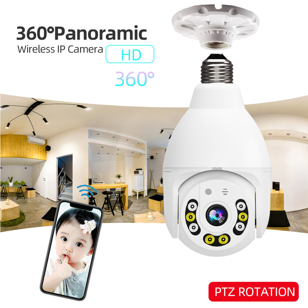GUUDGO V380 8 LED WIFI E27 Bulb Dome Camera PTZ AP Hotspot Dual Light 4 infrared + 4 White Light Night Vision with Base Remote Control