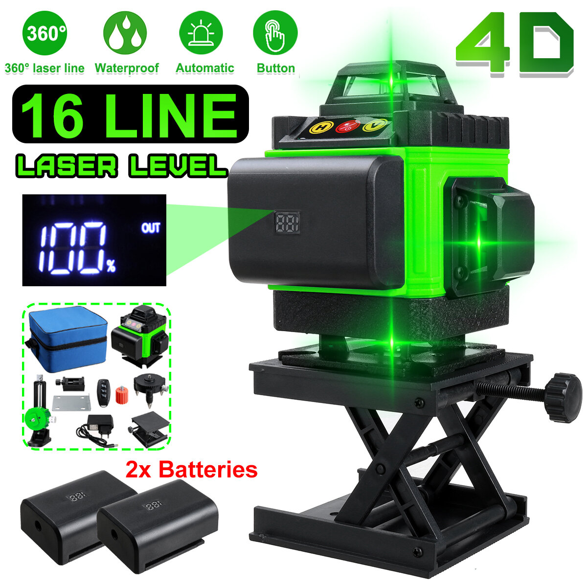 16 Lines 4D Laser Level, Green Laser Line, Self Leveling, Horizontal Lines &360 Degree Vertical Cross with 2xBattery for Outdoor