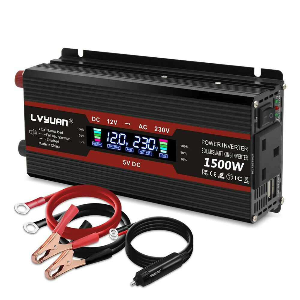 [Ευρωπαϊκή Ένωση άμεσης πώλησης] Lvyuan DC 12V σε 230V 500W (1500W Μέγιστο) Αντάπτορας ισχύος στροφαλοφόρου για το αυτοκίνητο Inverter με 12V αναπτήρα με 2 θύρες USB Φορητή οθόνη LCD Εξωτερική τράπεζα ενέργειας Inverter, βύσμα ΕΕ