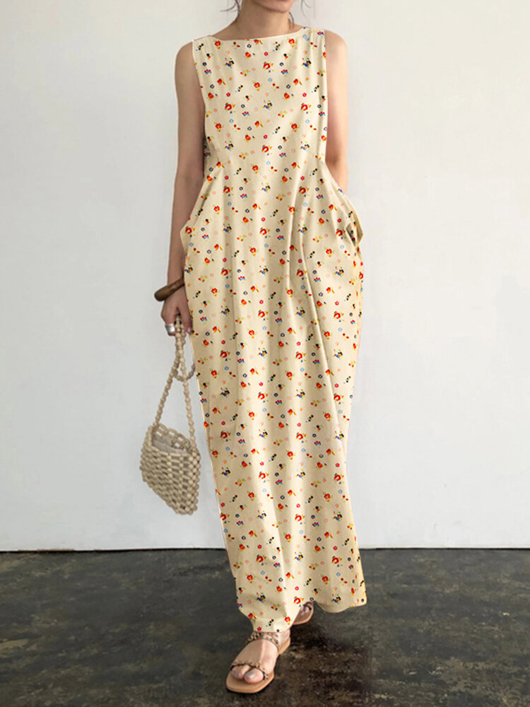 Pocket Ditsy Floral Round Neck Summer Sleeveless Maxi Dress, ZANZEA  - buy with discount