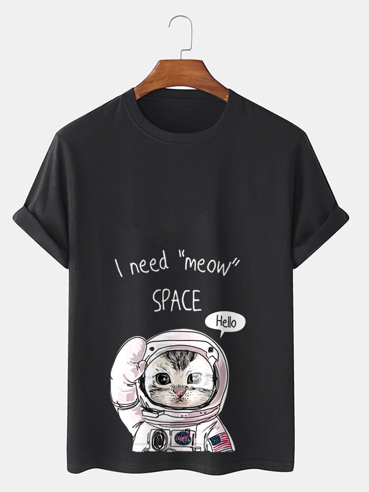 Mens Cartoon Astronaut Cat Slogan Print Short Sleeve Cotton T-Shirts