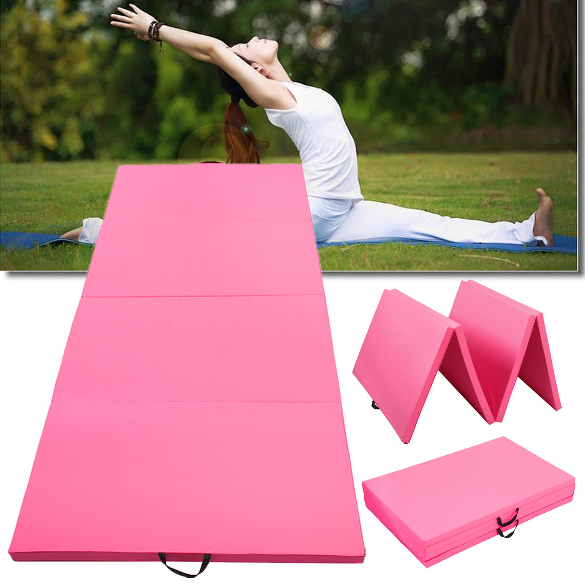 Tapete de ginástica super grande dobrável de 4 camadas para yoga e exercícios de ginástica de 300x120x5 cm rosa