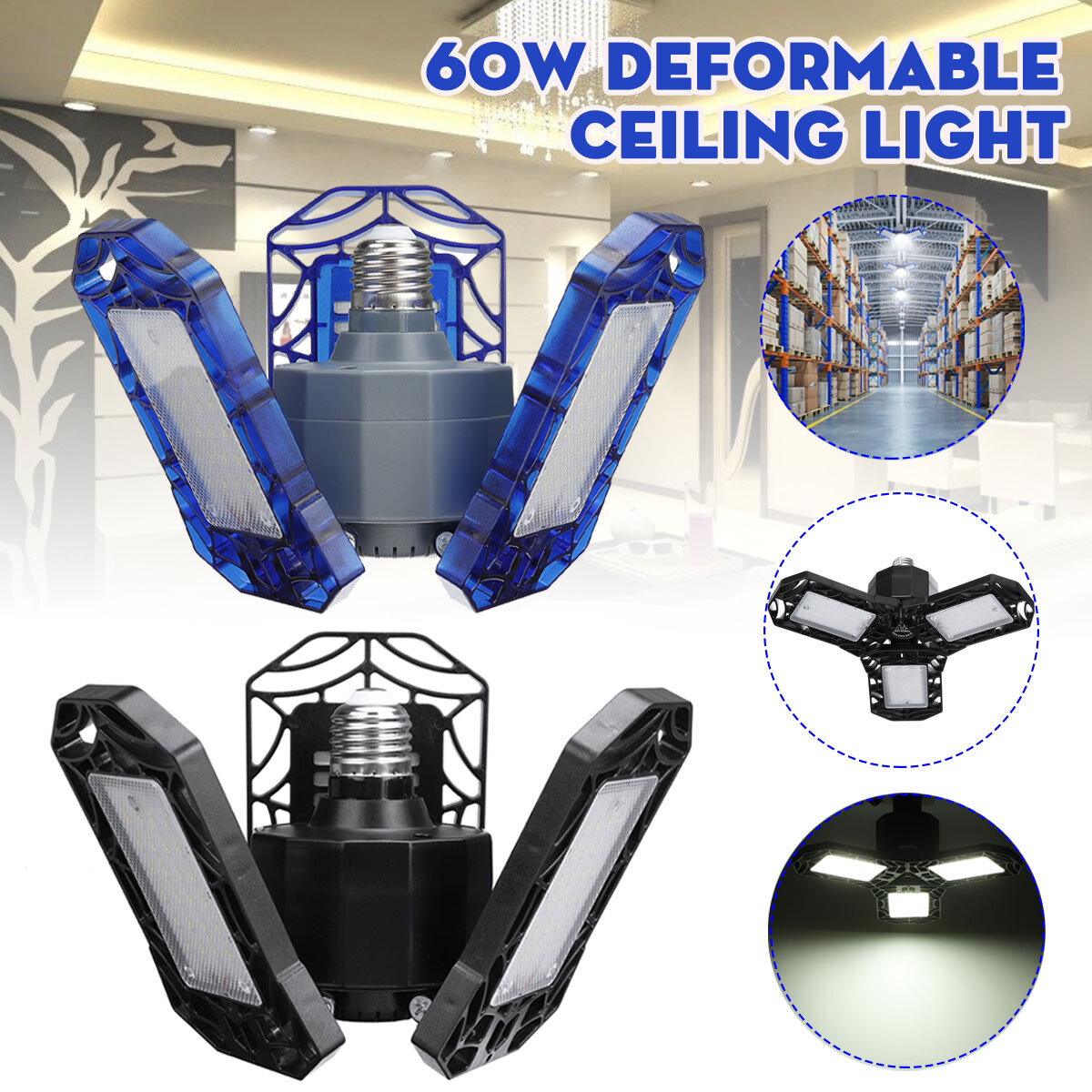 E27 60W Deformable LED Garage Light Foldable Ceiling Lighting High Bay Light Lamp AC85-265V