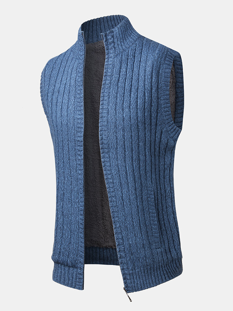 Mens Solid Color Knitted Warm Fleece Lined Zipper Sweater Vests