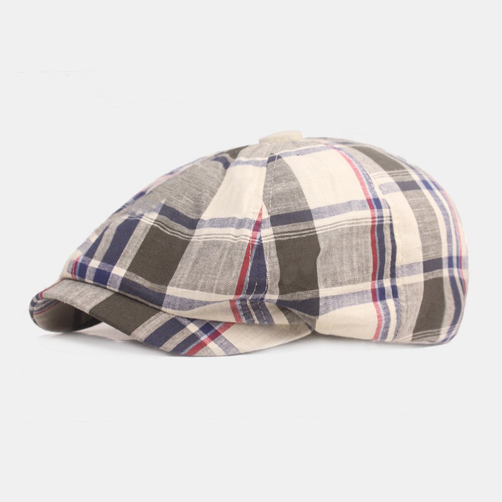 Unisex Cotton Beret Cap Plaid Pattern Casual Retro Sunshade Newsboy Hat Forward Cap Octagonal Hat