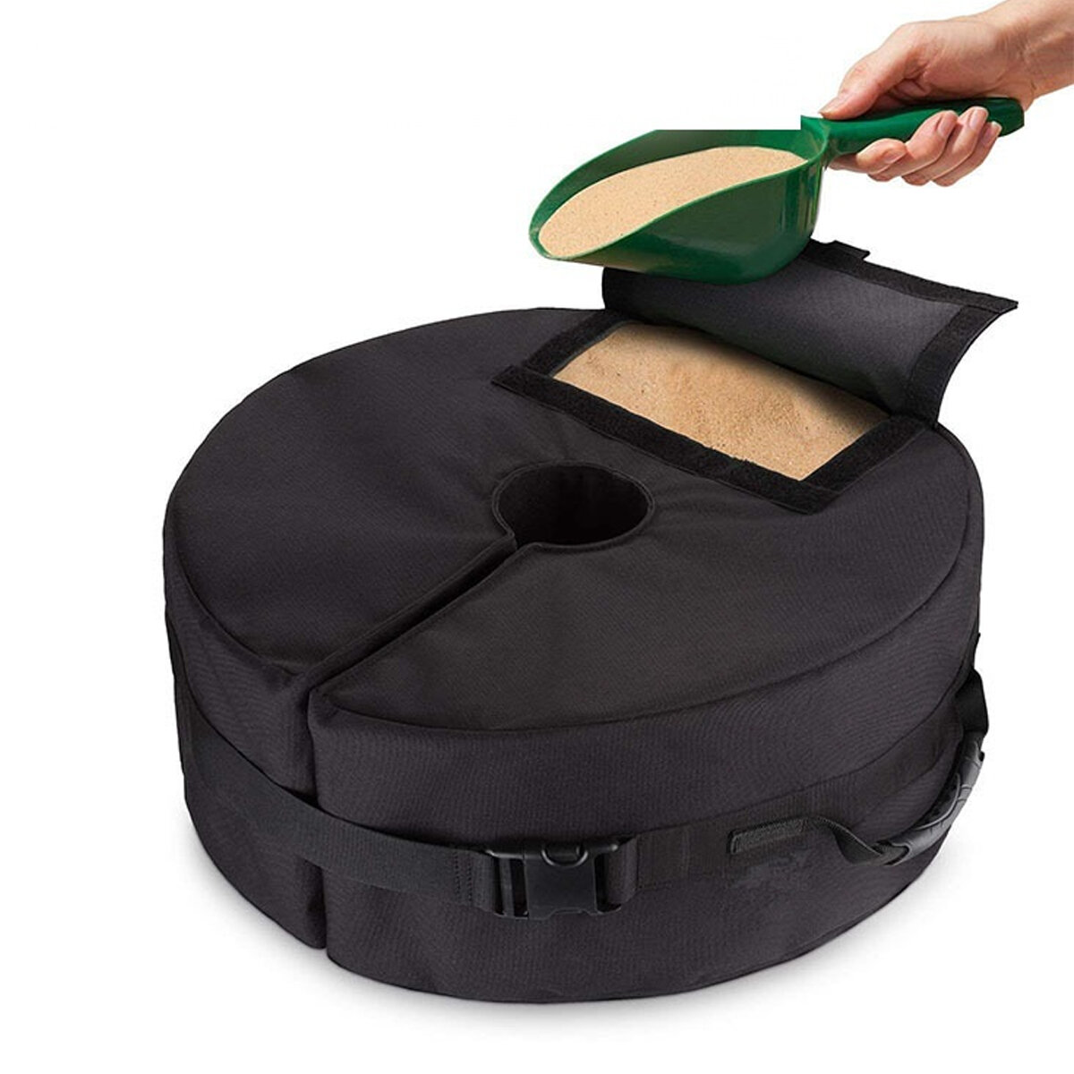 Bolsa de arena redonda de tela Oxford negra de 51x20 cm para al aire libre Soporte de tienda Sombrilla Base de sombrilla Bolsa de arena fija