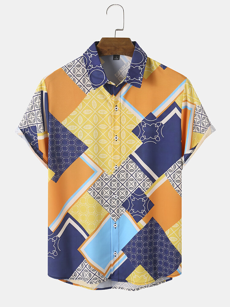 Men Patchwork Geometric Soft Breathable All Matched Skin Friendly Shirts