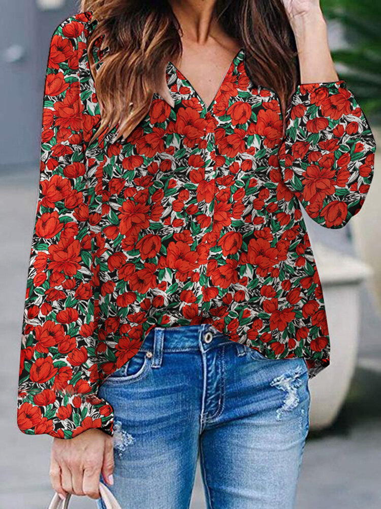 Floral Print V Neck Long Sleeve Casual Loose Blouse