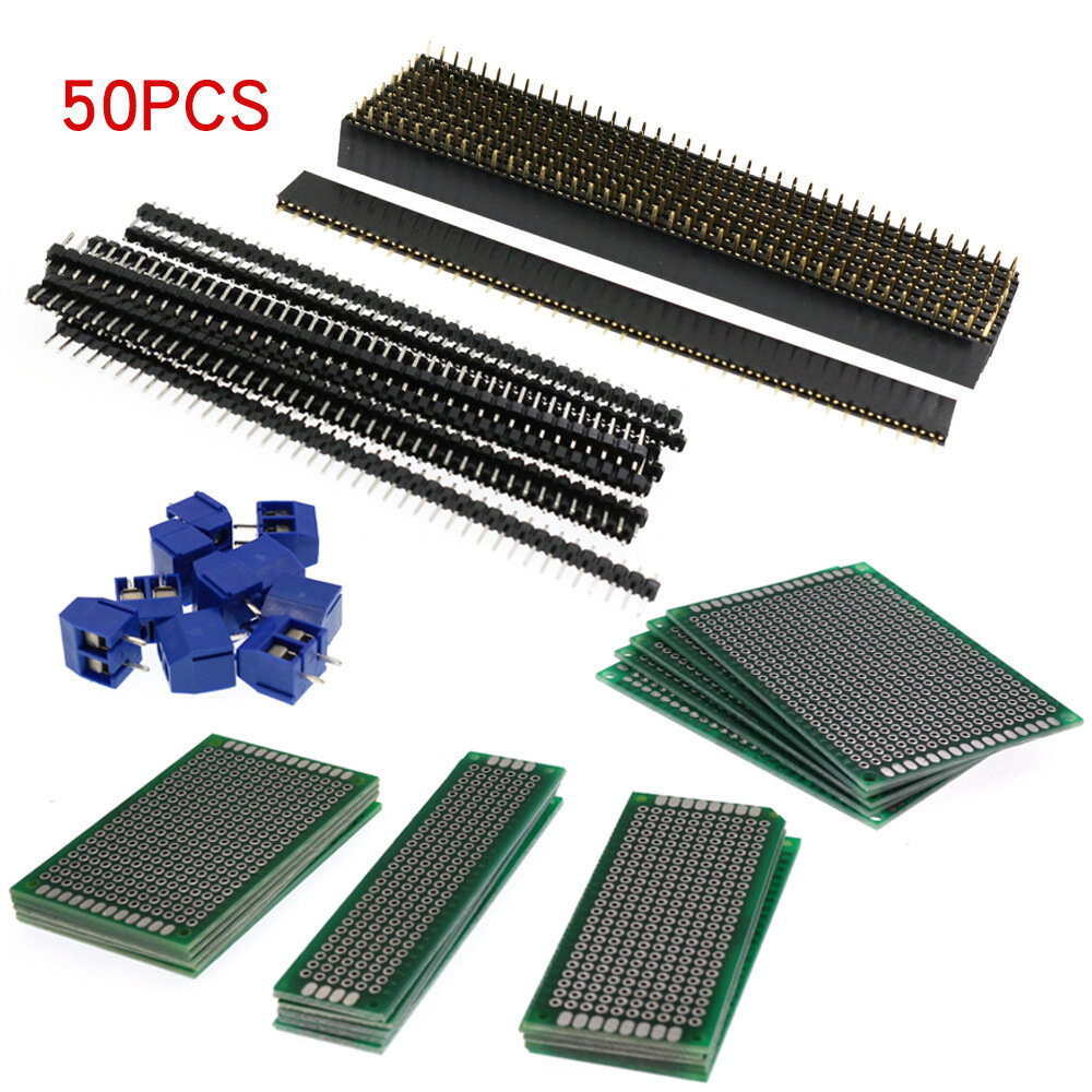 50PCS Double Panel Pin Header Connector Kit Breadboard+40P Single Row Pin+40p Single Row Female Head+2P PCB Connector
