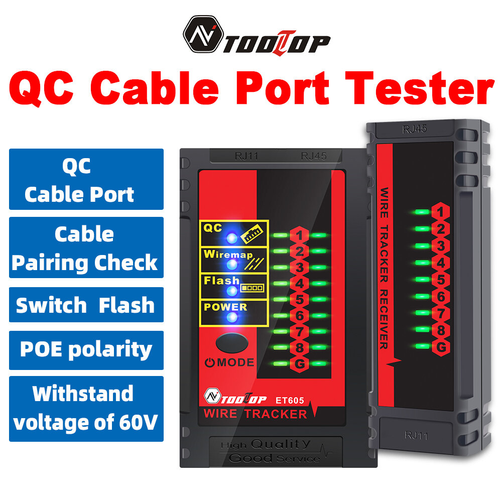 

TOOLTOP ET605 LAN Network QC Cable Port Tester Pairing Check Switch Flash POE Withstand 60V Telephone Network Cable Line