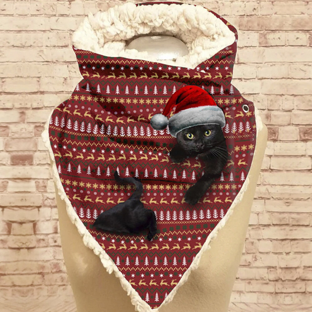 Vrouwen Leuke Cartoon 3D Zwarte Kat Fstive Kerstsfeer Streeppatroon Warme Nekbescherming Sjaal
