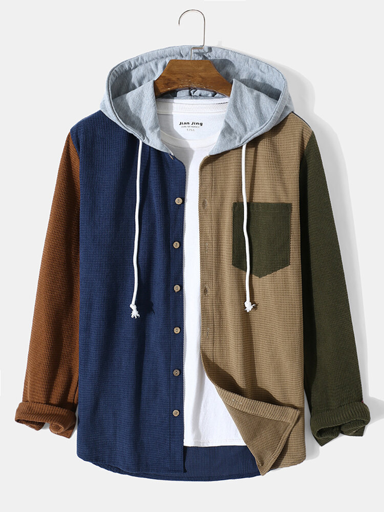 

Men Corduroy Patchwork Chest Pocket Long Sleeve Comfy Casual Hooded Shirts